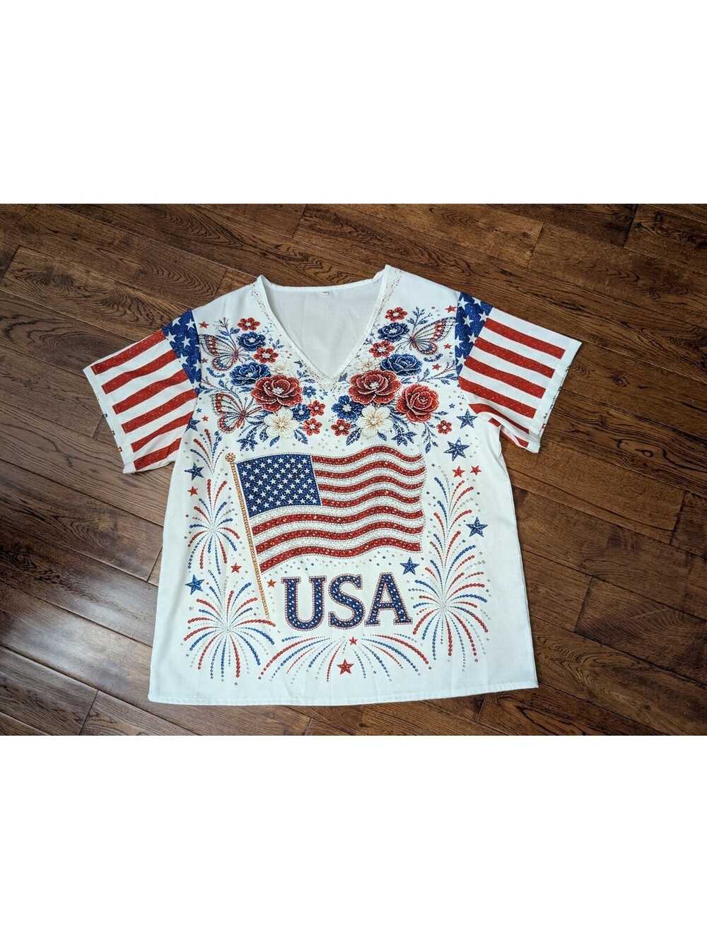 Ladies USA Patriotic Red White Blue Short Sleeve T-shirt Size 2XL EUC
